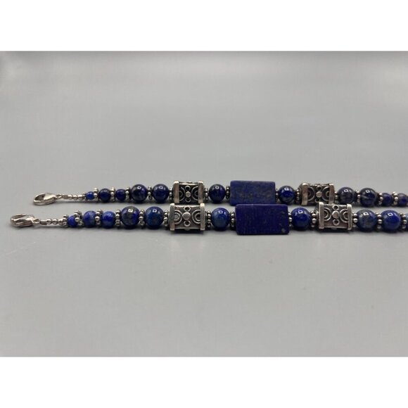 Lapis Lazuli Bead Bracelet Sterling Silver Set of 2 Blue Stone Sphere Filigree - Picture 4 of 8